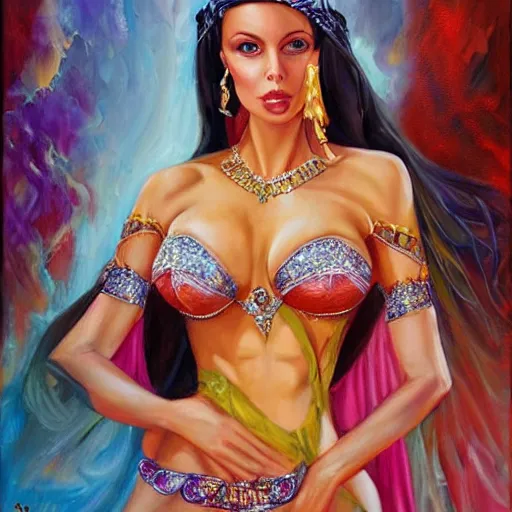 Prompt: lana rhoades as a beautiful arabian princess with belly dancer dress, oil painting, by laura sava and julie bell and artgerma