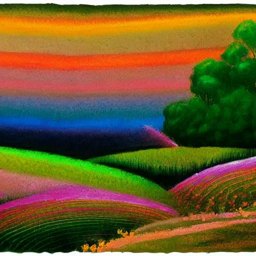 Prompt: A illustration of a beautiful landscape, delicate brushstrokes. peaceful & serene, with a gentle breeze blowing through the trees & flowers. colors are muted & gentle, calm & tranquility. well balanced & harmonious. color & composition, pleasing to the eye & calming to the soul. rainbow by Ed Emshwiller ornamented, exciting