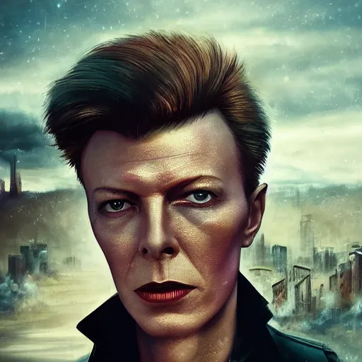 Image similar to fallout 5, charismatic david bowie, portrait, outdoors ruined cityscape, atmospheric lighting, painted, intricate, volumetric lighting, beautiful, daytime, sunny weather, slight overcast, sharp focus, deep colours, ultra detailed, by leesha hannigan, ross tran, thierry doizon, kai carpenter, ignacio fernandez rios