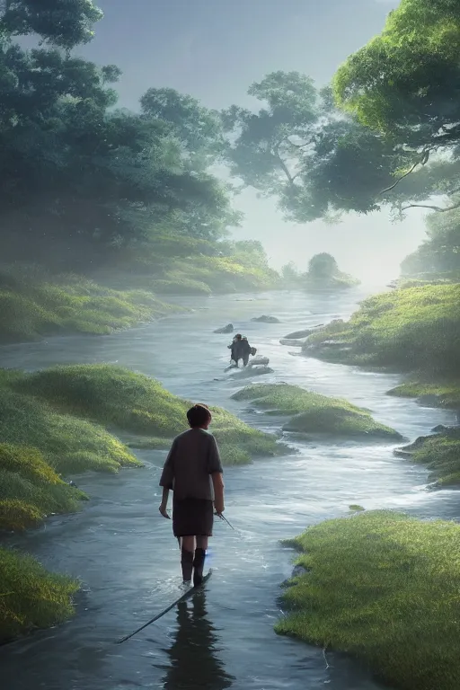 Image similar to a wholesome cottagecore illustration of a man walking on the backs of a river with his shadow flowing behind, studio Ghibli, Pixar and Disney animation, sharp, Rendered in Redshift and Unreal Engine 5 by Greg Rutkowski, Bloom, dramatic lighting