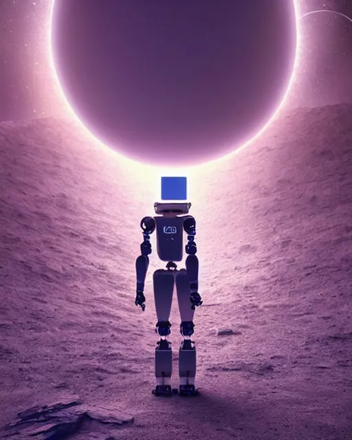 Image similar to a robot standing in front of a glowy open door that's on a barren moon, poster art by mike winkelmann, trending on cg society, space art, sci - fi, ue 5, futuristic, volumetric lighting, light casting onto the ground, neat composition and camera angle