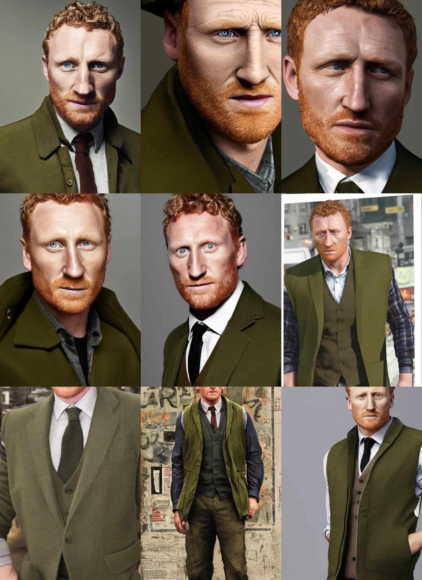 Prompt: portrait close - up kevin mckidd ciaran murphy, olive green flat cap and gilet suit, dark, gta v cover