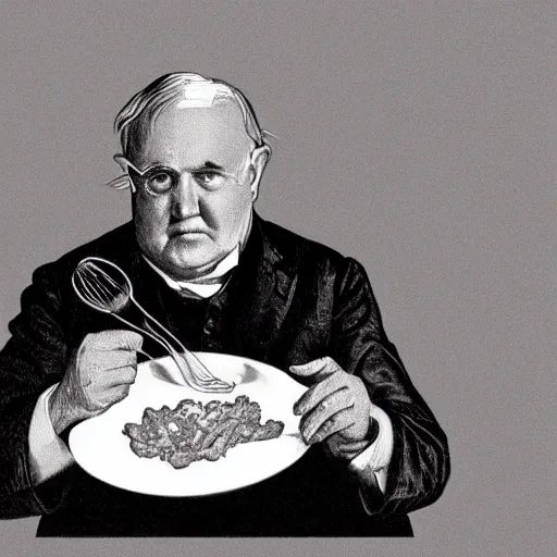 Prompt: thomas edison eating pork stew, trending on artstation