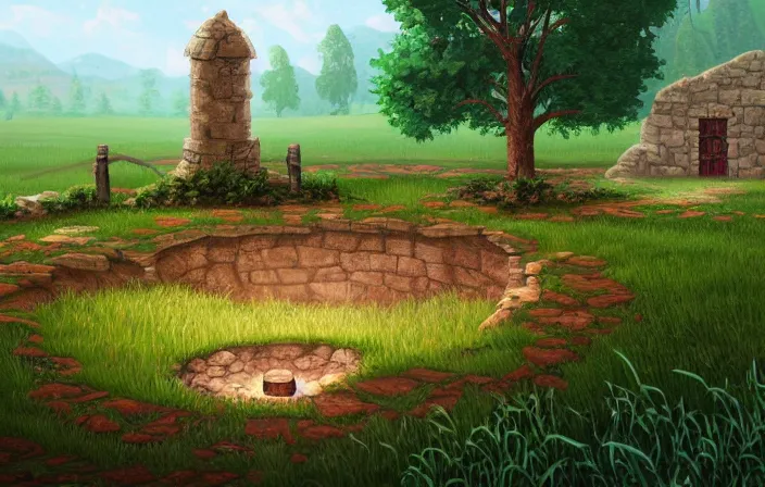 Prompt: empty grass field with a destroyed small stone well in the center, burn marks on the ground around the well, at midday, from a point and click 2 d graphic adventure game, art inspired by thomas kinkade, king's quest, sierra entertainment games