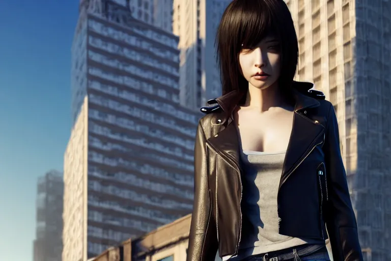 Prompt: extremely beautiful aesthetic girl with leather jacket in the urban city, occlusion shadow, specular reflection, rim light, unreal engine, octane render, artgerm, artstation, art by hiroaki samura and jiro matsumoto and yusuke murata, high quality, intricate detailed 8 k, beautiful shape of face and body, sunny day