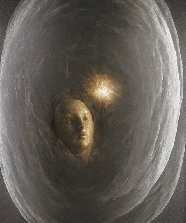 Prompt: Beautiful full-body wax sculpture of a glowing transparent woman inside egg with melted white wax inside the singularity where stars becoming baroque folds of dark matter by Michelangelo da Caravaggio, Nicola Samori, William Blake, Alex Grey and Beksinski, dramatic volumetric lighting, highly detailed oil painting, 8k, masterpiece