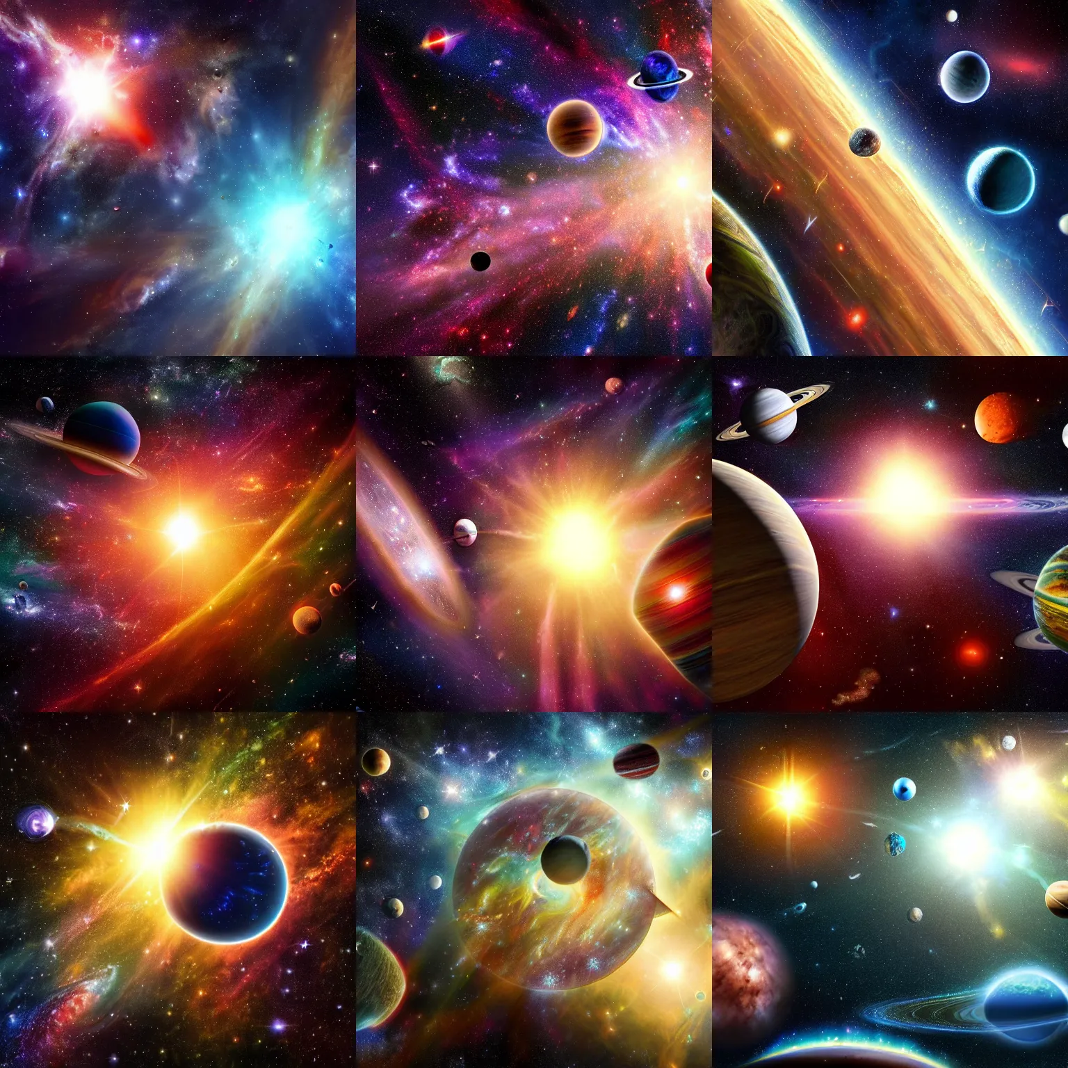 Prompt: Massive epic space scene with stars of varying colors, Hubble deep field background, rich powerful intricate detailed realistic artistic, planets with megastructures on them, lens flares