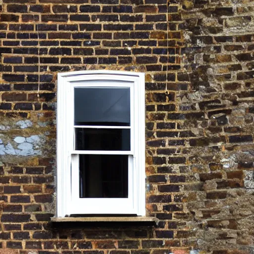 Image similar to single triangular or round sash window on a british wall, surprised and perplexed builders standing in front of it