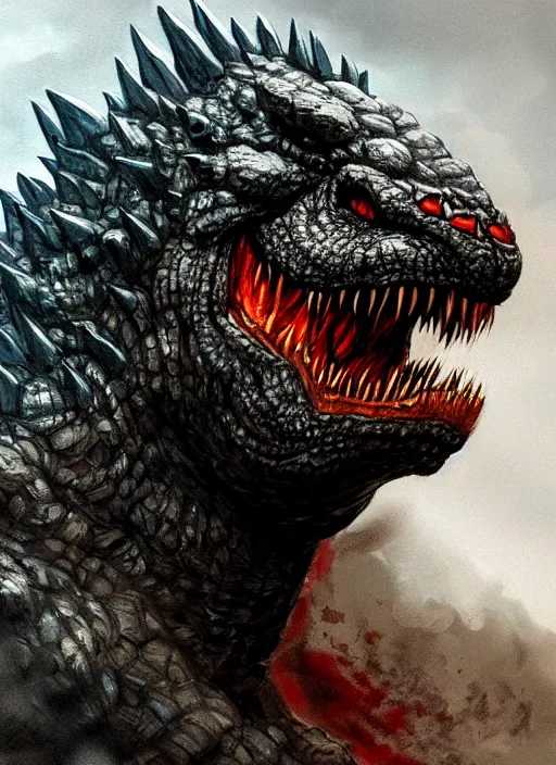 Prompt: portrait of angry godzilla, beautiful face, hyper realistic, highly detailed, digital painting, artstation, illustration, concept art by hyung tae and frank frazetta, digital paint, matte paint, washed colors, eating cakes, dark, gloomy, foggy