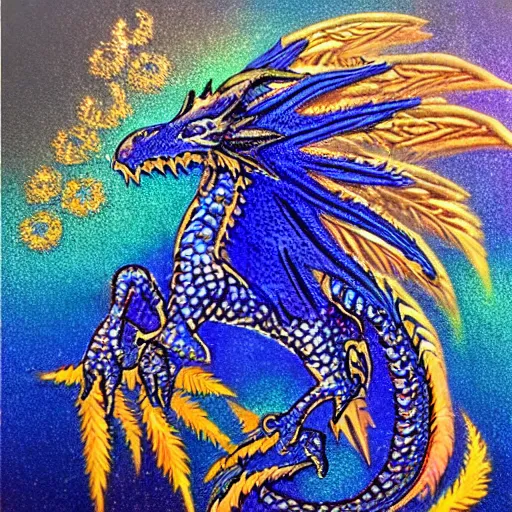 Image similar to indigo dragon with raven wings and holographic scales shimmering gold with deep orange background ultrarealistic 1 5 0 mpx