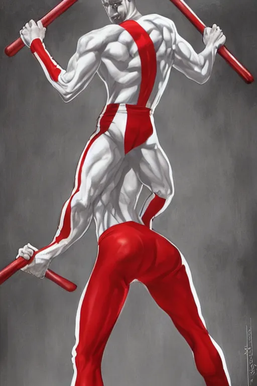 Image similar to full body view of a very skinny white man super villain that wears a red adidas track suit and wields two oars as weapons, his super power is the power to bore, comic book art by artgerm and alex ross, featured on artstation, cgsociety