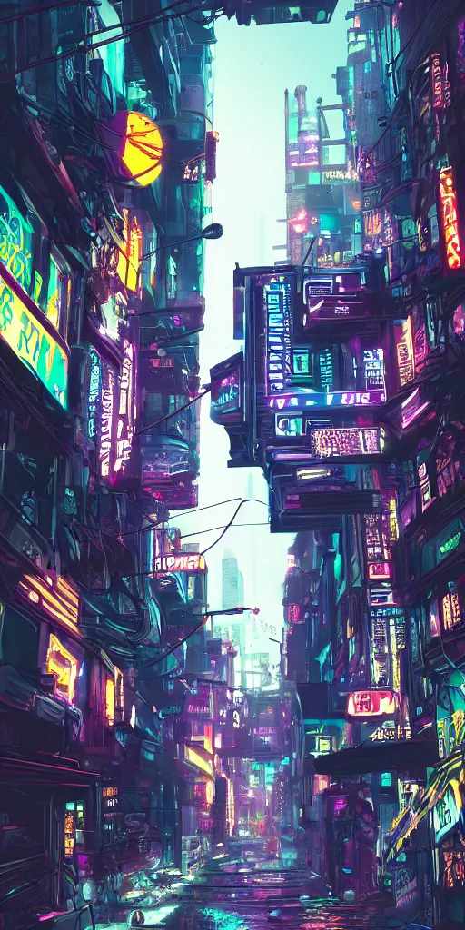 Image similar to wide! cyberpunk alley with a partial power outage, digital art, readable text, bold outlines, clean, cinematic camera, 8 k,