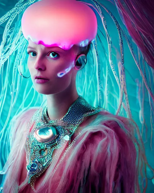 Prompt: natural light, soft focus portrait of a cyberpunk anthropomorphic jellyfish with soft synthetic pink skin, blue bioluminescent plastics, smooth shiny metal, elaborate ornate head piece, piercings, skin textures, by annie leibovitz, paul lehr