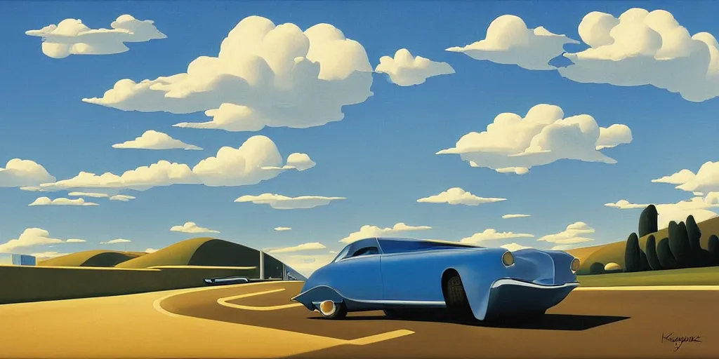 Image similar to futuristic car, blue sky, summer evening, kenton nelson