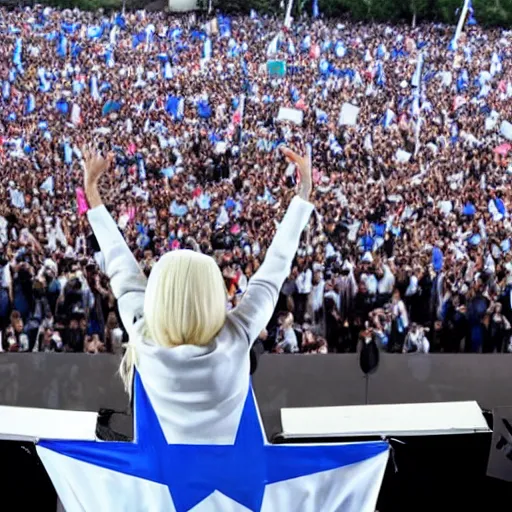 Image similar to Lady Gaga as president, Argentina presidential rally, Argentine flags behind, bokeh, giving a speech, detailed face, Argentina