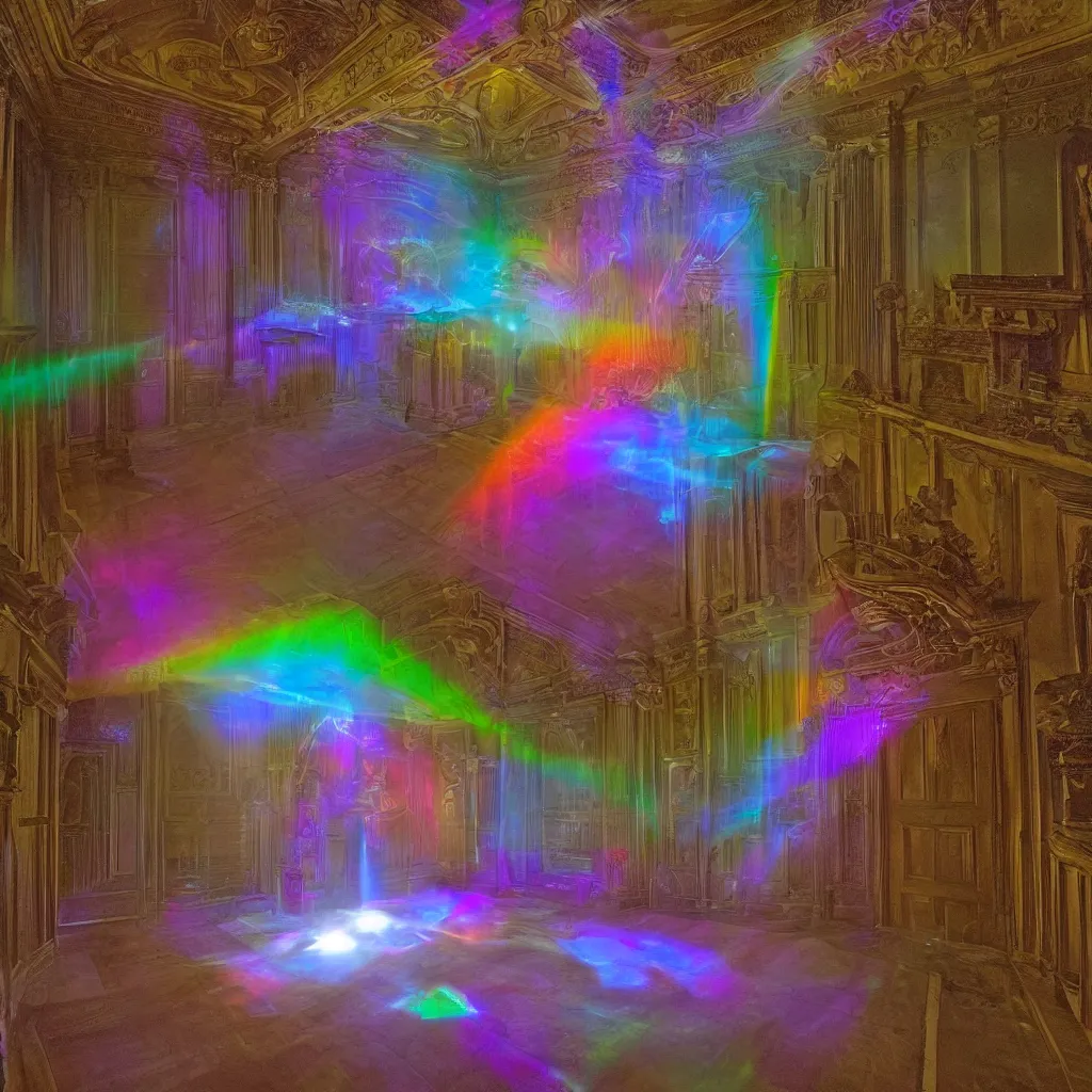 Prompt: rainbow caustics spirit in the central hall of a Victorian mansion, wide shot, dim lighting, light rays, volumetric lighting, silver plate photography, ghost