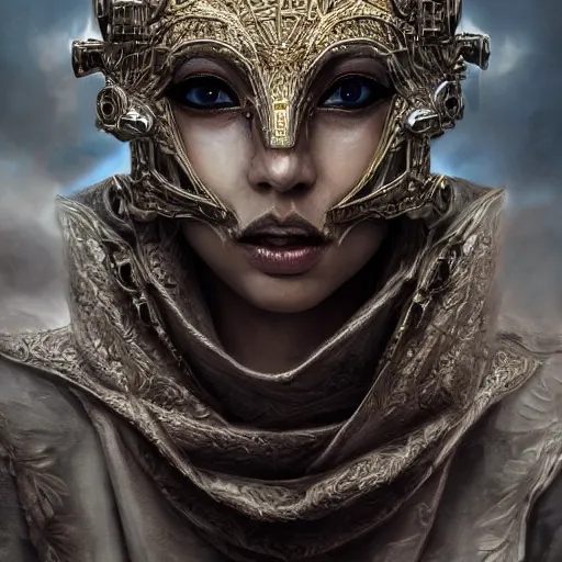 Image similar to Very very very very highly detailed epic photo of face with venetian mask, intricate, dystopian, sci-fi, extremely detailed, digital painting, artstation, concept art, smooth, sharp focus, illustration, intimidating lighting, incredible art by Artgerm and Anton Pieck