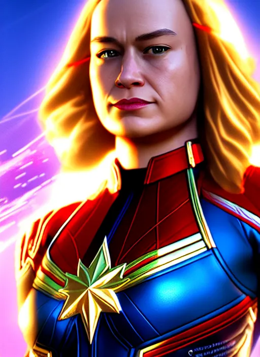 Image similar to Highly detailed portrait of Captain Marvel, unreal engine, fantasy art by Loish, global illumination, radiant light, detailed and intricate environment