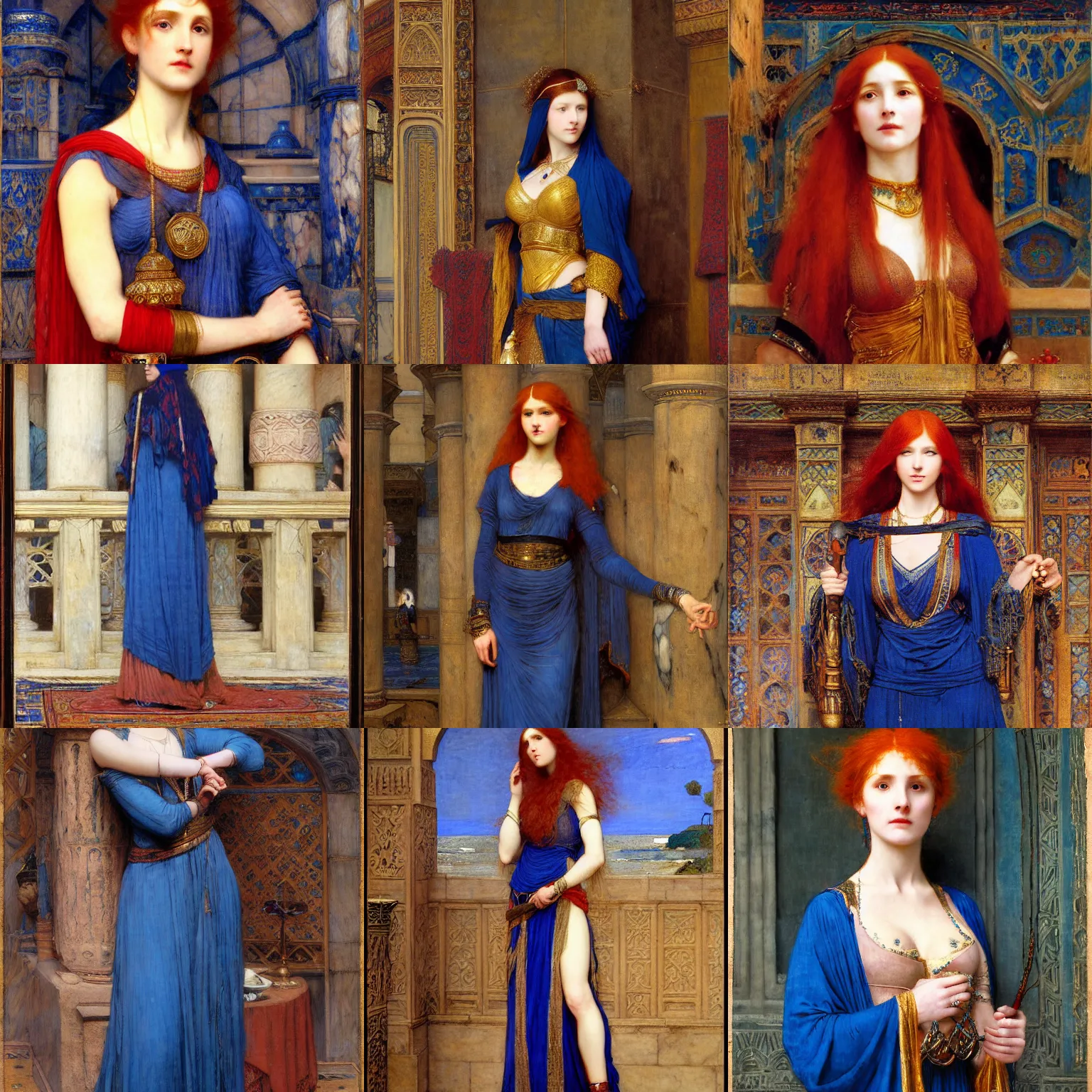 Prompt: orientalist portrait of a redheaded sorceress wearing a conservative blue dress standing in a sandstone room intricate portrait by john william waterhouse and Edwin Longsden Long and Theodore Ralli and Henryk Siemiradzki, very coherent symmetrical artwork. Cinematic, hyper realism, high detail 8k