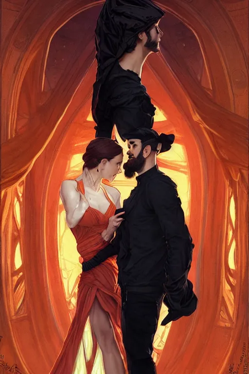 Image similar to bearded young man wearing orange t - shirt and tinfoil hat fastens zipper on beautiful black dress of his spouse before going to exquisite gala art by artgerm and greg rutkowski and charlie bowater and magali villeneuve and alphonse mucha