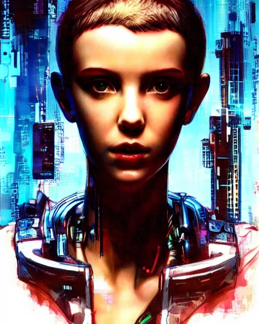 Image similar to portrait of cyberpunk millie bobby brown as a robot by yoji shinkawa