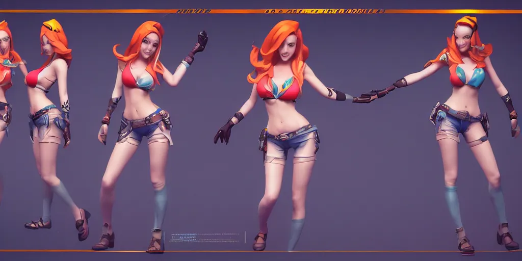 Image similar to Character sheet of pool party miss fortune (League of Legends). 3d, octane render, trending on artstation