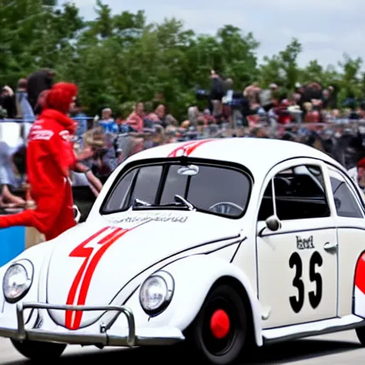 Image similar to close - up sports shot of'herbie the love bug'race car imax, 7 0 mm, movie still