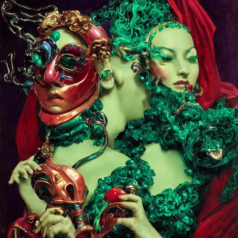 Prompt: a portrait of a liquid porcelain malachite sapphire ruby model with a venetian mask. night time. deep reflective green blue tones. renaissance masterpiece. highly detailed sci - fi fantasy painting by norman rockwell, frank frazetta, johfra bosschart, and syd mead. rich colors, high contrast, dark background. artstation