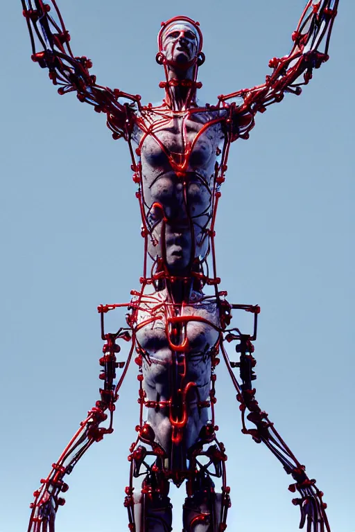 Prompt: 2 0 5 0 a statue jesus on cross made of red marble with wires, tubes, veins, perfect symmetrical body, full body shot, inflateble shapes, white biomechanicaldetails, wearing epic bionic cyborg implants, masterpiece, intricate, biopunk, vogue, highly detailed, artstation, concept art, cyberpunk, octane render