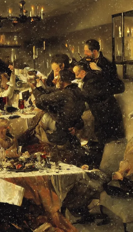 Prompt: still life painting of birthday party getting hit by blizzard, by Peder Krøyer, golden hour, dramatic lighting, epic, gargantuan, intricate detail, canvas print