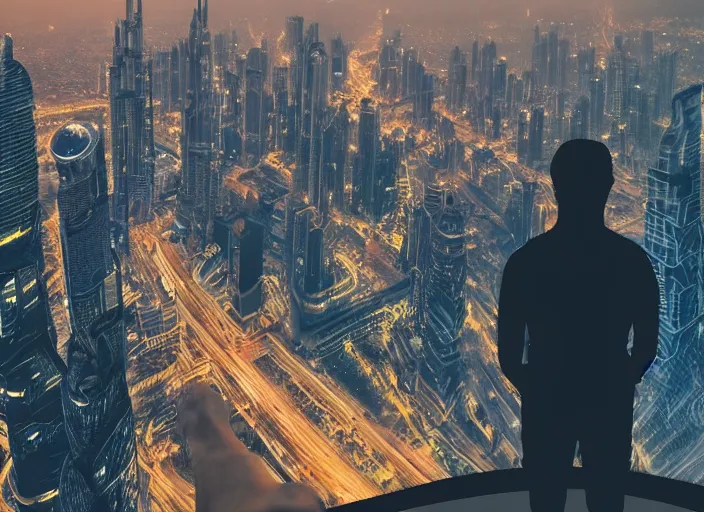 Image similar to closeup of a man [ standing on the pinnacle of the burj khalifa ]!!, holding a camera, viewing out into a [ futuristic cityscape ]!!, dusk atmosphere, digital art illustrated by max hay and greg rutkowski, [ 8 0 s neon art style ]!!, neon wallpaper!!, golden ratio!!, centered!!