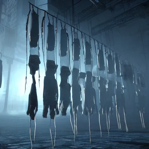 Image similar to illustration of rows of limp homunculus hanging like clothing in an ice box, rolling fog, cyberpunk, dystopian, dramatic lighting, unreal engine 5