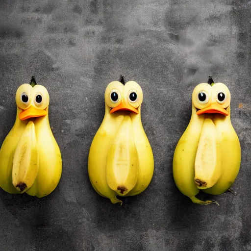 Prompt: professional photograph of banana ducks, peeled bananas with googly eyes and duck beaks