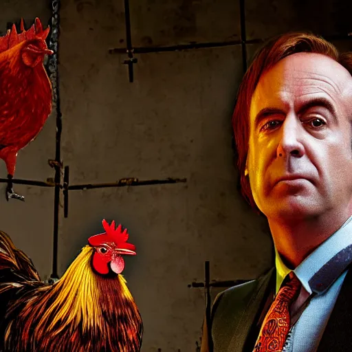 Image similar to saul goodman and a rooster in a saw movie torture chamber, saw movie jigsaw background, saul goodman, rooster, photo