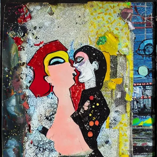 Image similar to two women kissing at a carnival, mixed media collage, retro, paper collage, magazine collage, acrylic paint splatters, bauhaus, claymation, layered paper art, sapphic visual poetry expressing the utmost of desires by jackson pollock