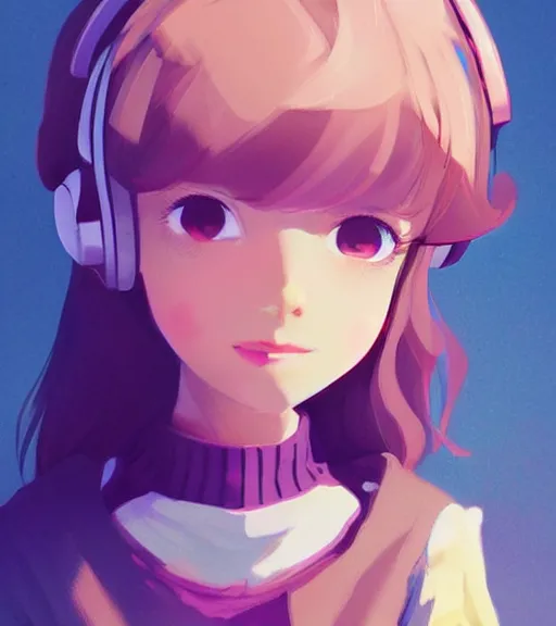 Image similar to beautiful little girl character inspired by 9 0's fashion and by madeline from celeste, art by rossdraws, wlop, ilya kuvshinov, artgem lau, sakimichan and makoto shinkai, concept art, headphones