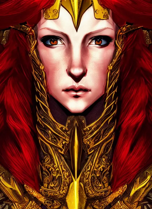 Prompt: Half body portrait of a handsome young red haired elven princess warrior wearing red and gold ornate leather armour and golden tiara. In style of Yoji Shinkawa and Hyung-tae Kim, trending on ArtStation, dark fantasy, great composition, concept art, highly detailed.