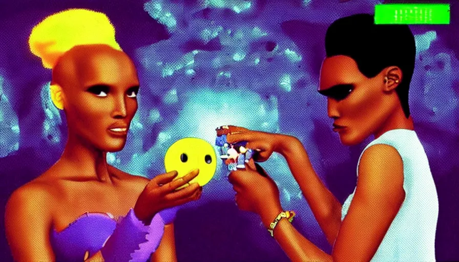 Image similar to beautiful still from retro snes arcade game featuring grace jones feeding her bioenhanced tamagotchi child, hyperreal detailed facial features and uv lighting, retro nintendo bitmap pixel art