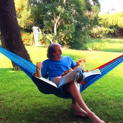 Prompt: my italian wise friend on a hammock, reading the book about love