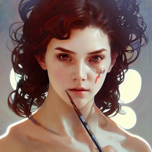 Image similar to female robot, chrome, holding paintbrush, incredibly detailed face, pretty face, true anatomy, art by artgerm and greg rutkowski and alphonse mucha