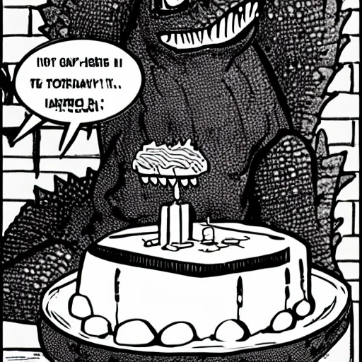 Prompt: cartoon of godzilla celebrating his birthday, eating cake, wearing a birthday hat