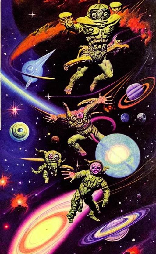 Prompt: trippy psychedelic cosmic eyes in outer space illustration by frank frazetta