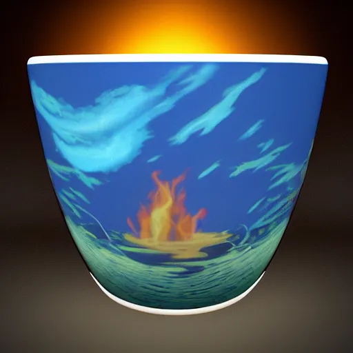 Image similar to flaming aquatic universe bongo bowl, by brom and rene magritte, rendered in maya, # macro