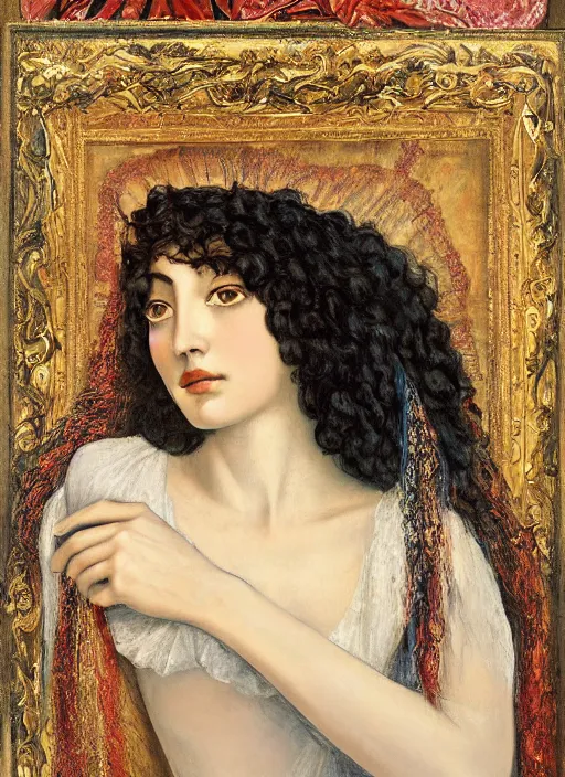 Prompt: oil painting of Queen of Ecstasy, Hungarian, curly dark hair, fair skin, veil by Georgia o Keeffe, by Marcel Jankowicz, by Botticelli, by Gustave Moreau,minimalist