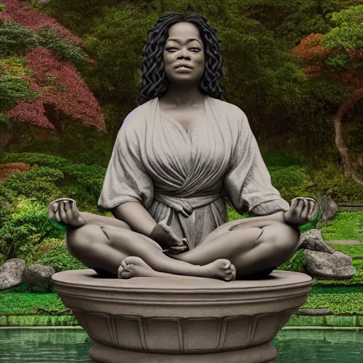 Prompt: marble statue of oprah winfrey meditating in a rococo japanese garden, accurate details, detailed full body, dramatic, intricate, elegant, highly detailed, digital painting, artstation, concept art, sharp focus, illustration, art by gustave dore, octane render