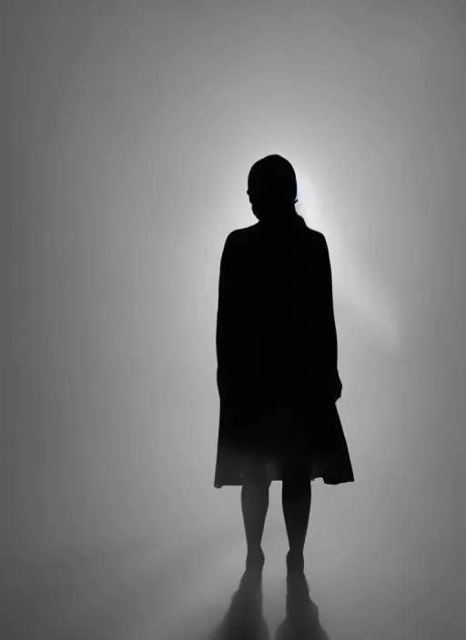 Prompt: a female silhouette, bright glowing translucent aura, fog, film grain, cinematic lighting