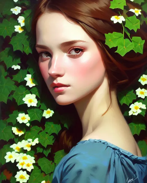 Image similar to stylized portrait of an artistic pose, composition, young lady sorrounded by nature, ivy's, flowers, realistic shaded, fine details, realistic shaded lighting poster by ilya kuvshinov, magali villeneuve, artgerm, jeremy lipkin and michael garmash and rob rey