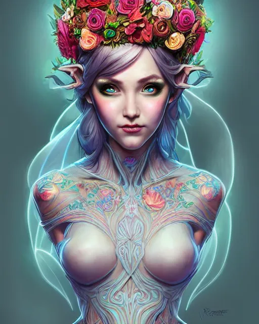 Image similar to digital art, centered full body elven bride with short hair, vivid flower crown ,intricate, veins, by James Jean and by artgerm, by ross tran , ultradetailed, charachter design, concept art, trending on artstation,