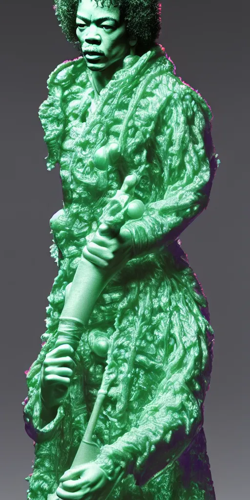 Prompt: detailed photo of a jade translucent statue of most a jimi hendrix, full body portrait, glowing in the dark, photorealism, intricate detail, museum diffuse lighting