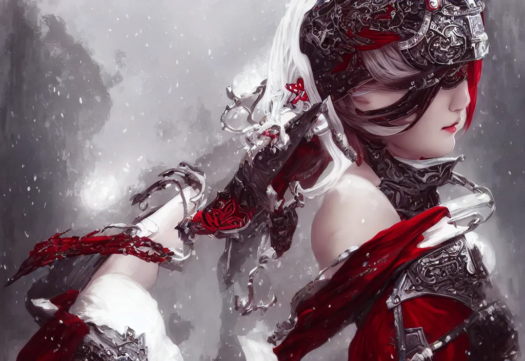 Image similar to portrait attractive ninja gaiden girl, armored white and red ninja wardrobe, at snowy fuji mountain, ssci - fi and fantasy, intricate and very very beautiful, detailed, digital painting, artstation, concept art, smooth and sharp focus, illustration, art by tian zi and wlop and alphonse mucha